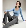Conjunto de shorts com saia e cordão irregular para yoga feminino Gola quadrada francesa slim fit manga longa respirável elástico vestuário esportivo fitness para mulheres