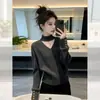 Suéter de tricô casual estilo coreano, cinza escuro, com decote V e acinturado, para mulheres, super popular no outono e inverno, top único e não convencional