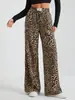 Pantalones Casuales Rectos Estampado de Leopardo Europeos y Americanos de Amazon Transfronterizos 2024 Nuevos de Cintura Alta Sueltos de Pierna Ancha Largos