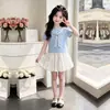 2026 Falda de Capullo de Flor Dulce Linda para Niños Medianos y Grandes Colores de Verano Bloque de Color Rayas Manga Corta Temperamento Falda Corta de Moda Conjunto de Dos Piezas