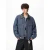 Chaqueta de cuero Detroit con cuello de color azul law y empalme de cuero para hombre, estilo otoño ruffian guapo, chaqueta de trabajo, top estilo granero