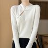 Suéter de Lã Novo Outono e Inverno Novo Estilo Chinês Estilo Nacional Lã Pura Gola Alta Suéter Tricotado Manga Longa Feminino Fivela Cor Sólida Camisa Base