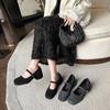 Zapatos de Tacón Grueso de Tacón Alto para Mujer 2025 Grises French Mary Jane Zapatos Estilo Nuevo Chanel Tacón Cuadrado de Lana Lana Comodín