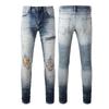 Marca de moda TR AMIRI lavado pesado con agujeros artesanales jeans ajustados de cuero de alta calidad para hombre