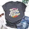 Camiseta estampada de color vintage Good Vibes manga corta tendencia de otoño europea y americana