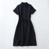 Vestido de linho de verão de boa qualidade, frente meio aberta, fivela na cintura, renda, manga curta, comprimento médio, vestido de linho, robe confortável