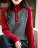 Suéter de Punto de Moda Versátil para Mujer Otoño e Invierno Cuello Semi Alto Costilla Gruesa Bordado de Caballo Bloques de Color Holgado Moda
