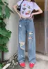 Jeans Rotos de Otoño para Mujer, Petite, Primavera y Otoño, Cintura Alta, Efecto Adelgazante, Holgados, Estilo High Street Americano, Pantalones de Pierna Ancha de Seda Helada