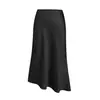 Saia Midi Assimétrica de Cetim Feminina Amazon Cross-Border Cintura Alta Elástica Longa Europeia e Americana Elegante Elegante Saia com Fenda