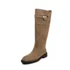 Botas de cuero tipo caballero para mujer con hebillas plateadas, botas altas largas, nuevo estilo otoño/invierno, punta redonda, tacón medio, caña recta, botas altas hasta la rodilla para mujer, botas individuales