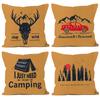Almohada cuadrada con patrón de camping al aire libre, almohada de algodón PP, cojín de silla de felpa corta, almohada de lino, cojín de silla de estilo ins