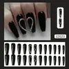 Manicura de Corazón de Diamante Negro Más Vendida Transfronteriza, Uñas Largas Portables de Moda y Geniales, Set de 24 Piezas de Parches para Uñas Postizas