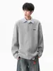 Sudadera tipo polo a rayas de estilo americano de dos piezas falsas para hombre, nueva y moderna de otoño, holgada, casual, gris, cuello camisero, manga larga