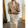 Temperamento Minimalista Série ROW Old Money Casual Tom Cáqui Nanyou Alta Customização Silhueta Decote V Camisa de Linho Respirável Feminina