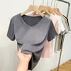 Nova camiseta de verão feminina estilo europeu e americano, justa, fina, canelada, de manga curta, top casual solto versátil