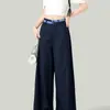 Pantalones casuales de cuadros azul marino con doble cintura y retazos para mujer, versátiles de verano, delgados, estilo americano, holgados, fluidos, de pierna ancha, casuales