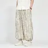 Pantalones tipo linterna holgados para hombre, pantalones tipo harén de pierna ancha, diseño estampado, tie-dye vintage de verano, patrón fino de hoja de bambú estilo chino