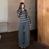 180g 95% poliéster 5% elastano Camiseta de manga larga de otoño para mujer, base de rayas marrón vintage, top ajustado