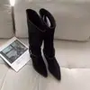 Botas Altas de Invierno Otoño 2025 Nuevas con Punta, Hebilla de Cinturón Trenzada, Tacón Grueso, Puño, Gamuza, Estilizadas, Estilo Motero