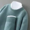Suéter 100% Lana Pura para Hombre Cuello Semi Alto Engrosado Color Sólido Jersey Casual de Negocios Tejido Holgado Camisa Base Superior