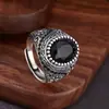 Anel folheado a prata com design de flor de zircônia preta, anel aberto ajustável vintage moderno, direto do fabricante