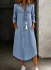 Europa Comércio Exterior Vestido Manga Longa Casual Camisa Jeans Longa Retrô Lavada Saia Longa