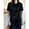 Camiseta Manga Longa Patchwork Listrada Falsa Duas Peças Feminina Outono 2026 Solta Modeladora Senso de Design Camiseta Básica Cartoon