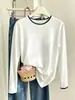 Camiseta de algodón puro para mujer, estilo dos piezas falsas, cuello redondo, manga larga, para otoño, con diseño único, aspecto elegante, efecto rejuvenecedor y versátil como top o capa base