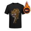 T-shirt de strass forrada de lã manga curta masculina cabeça de tigre roupas de algodão camisa de fundo de inverno plus size camiseta pesada de meia manga masculina