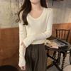 Elegante Suéter Básico de Punto Ajustado con Cuello en V, Manga Larga para Mujer, Casual de Otoño e Invierno, Simple y Versátil