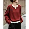 Suéter de punto casual para mujer, estilo dos piezas falsas, cuello en V, corte holgado, adelgazante, rejuvenecedor, jersey casual, top elegante de otoño