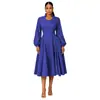 11131 Vestido de Cor Sólida para o Trabalho Gola Alta Decote U Mangas Bufantes Cintura Marcada Saia Midi Evasê Suporta Personalização