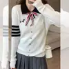 Broche de lazo, cuatro rayas, bordado de cachorro desmontable, cuello polo, suéter de punto de ochos, manga larga, chaqueta sintética, moderno
