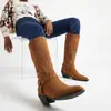 Botas de moda de comercio exterior transfronterizo, botas altas de punta de talla grande para otoño e invierno, tacones altos de color liso, botas versátiles para mujer sin cordones de tacón cuadrado