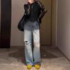 Calça Jeans Rasgada para Mulheres 2025 Novo Verão Solta Reta Tamanho Grande Cintura Alta Slim Renda Costurada Perna Larga