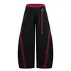 Pantalones casuales de estilo americano, a rayas, con bloques de color, interior rojo, dobladillo curvo de doble capa, unisex, elegantes, holgados, de pierna ancha casual