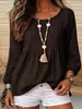 Camisa de muñeca estilo resort de comercio exterior con lino texturizado, cuello redondo, mangas largas con puños, dobladillo plisado y diseño holgado de jersey