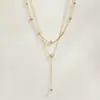 Collar de Acero Inoxidable Chapado en Oro de 18K con Borla en Forma de Y de Flor de Cuatro Pétalos y Circonita Europeo y Americano Cadena para Clavícula Joyería Fina Sencilla para Mujer