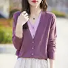 Novo Cardigã de Lã Fina com Gola V e Blocos de Cor Outono/Inverno para Mulheres, Casaco Suéter Falso de Duas Peças com Manga Longa, Blusa Solta