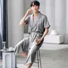 Pijama Camisón de Hombre Verano Seda de Hielo Holgado Talla Grande Joven y de Mediana Edad Delgado Sensación Fresca Longitud Media Ropa de Casa