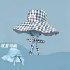 Chapéu de Sol Reversível de Verão para Mulheres, Chapéu Bucket Versátil Estilo Ins com Estampa Xadrez e Amarração, com Aba Larga para Proteção Solar ao Ar Livre