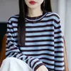 Estilo Novo Primavera 2026 Algodão Puro Estilo Preguiçoso Gola Redonda Tricô Manga Longa Color Block Listrado Solto Base Top para Mulheres