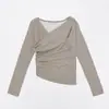Camiseta Básica Elegante con Escote Asimétrico para Mujer, Otoño e Invierno, Forrada de Polar, Engrosada, Tejido Cepillado, Manga Larga, Corte Ajustado, Top Irregular