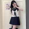 [Cianótico colar branco três] jk uniforme acadêmico estilo terno manga curta casaco de verão básico marinheiro vestido conjunto completo