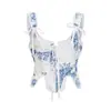 Peça de Roupa Externa Feminina Sem Alças com Zíper e Rendas, Top Corselet Sexy Justo, Estilo Francês Versátil Azul e Branco Porcelana Vintage
