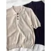 Camiseta tipo polo de manga corta para mujer, estilo retro japonés, hombros rectos, top de punto de seda helada, versátil, casual, holgado, para verano, con cuello de solapa