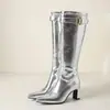 Botas de moda versáteis para outono e inverno, tamanho plus size, bico fino, sola de borracha, antiderrapante, zíper lateral, botas femininas de salto alto, botas de couro com salto grosso dourado