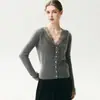 Cardigã de cashmere com acabamento em renda, gola V feminina, suéter curto, cardigã de lã tricotado, mangas compridas, novo estilo outono/inverno