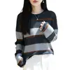 Suéter de punto para mujer, cuello redondo, bloques de color, rayas anchas, diseño calado, mangas largas, estilo pullover, retro, adecuado para primavera y otoño, prenda exterior ligera