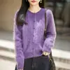 Nuevo cárdigan de punto de lana de cachemir para otoño e invierno, cuello redondo, de manga larga para mujer, patrón trenzado, suéter de lana de hilo cepillado